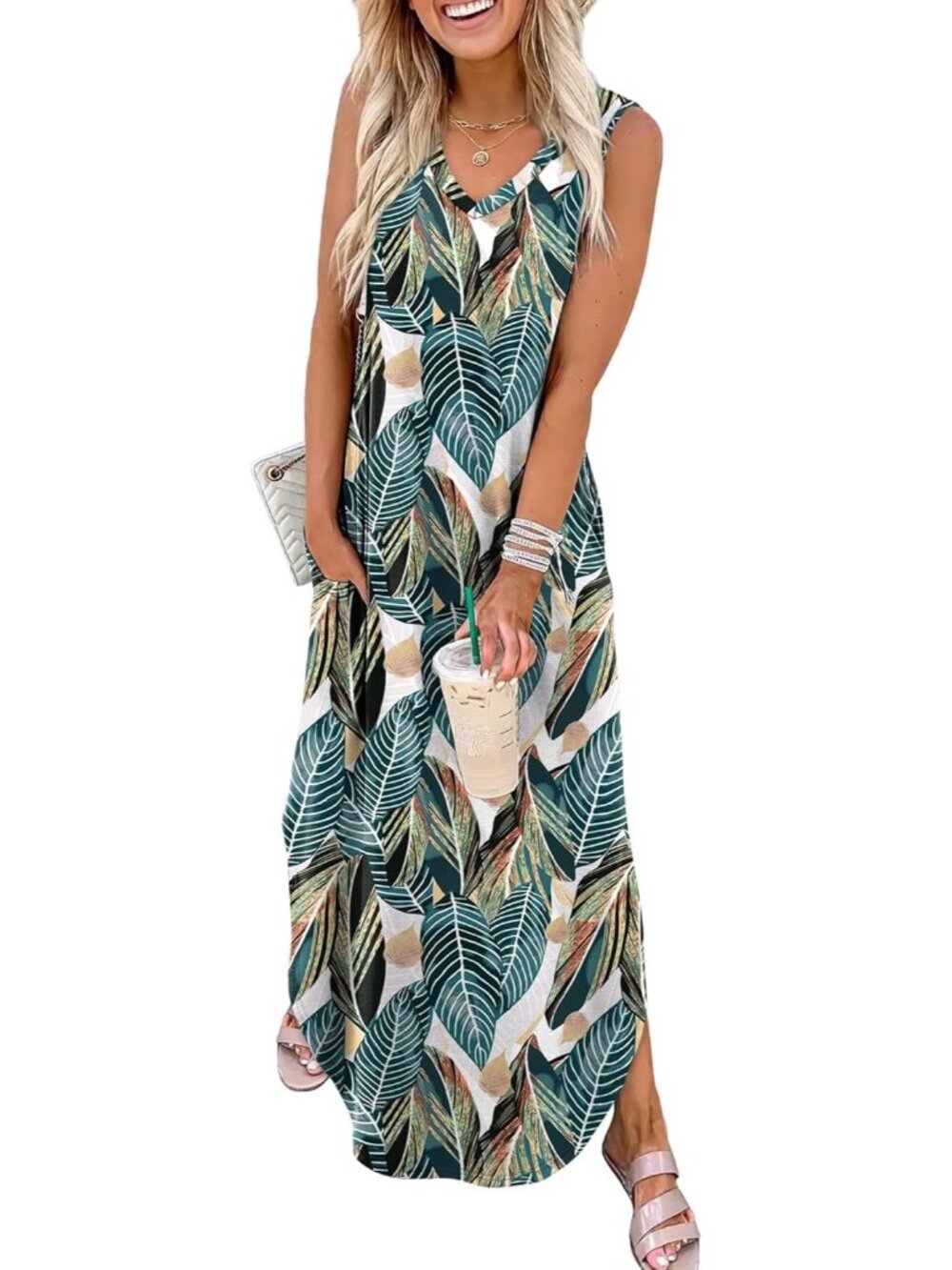 Women's Floral Palm Leaf Summer Maxi Dress Beach Sundress with Pocket